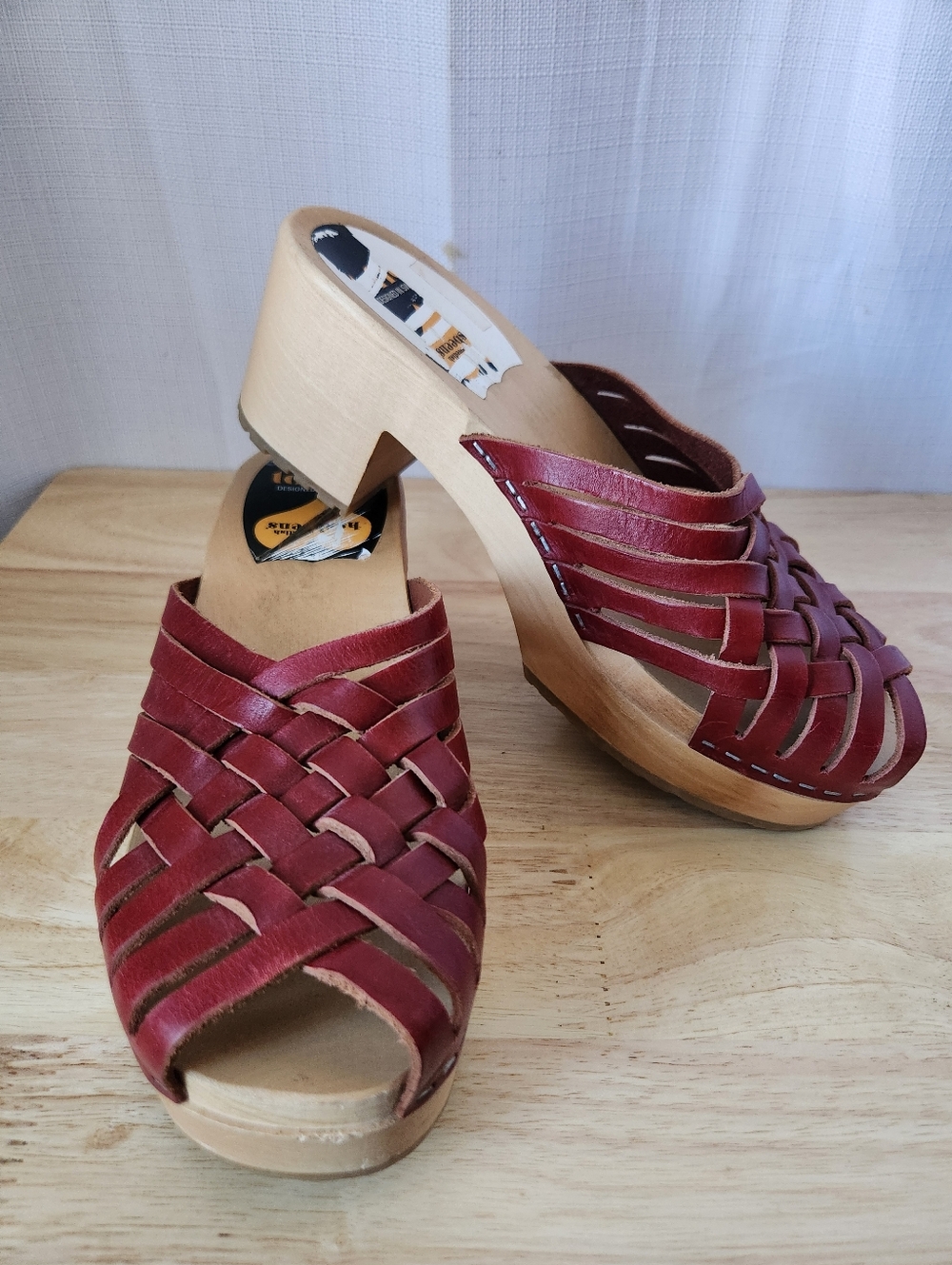 Swedish Hasbeens Red Woven Braided Leather Heeled Slip-In Clog Sandals Size 39